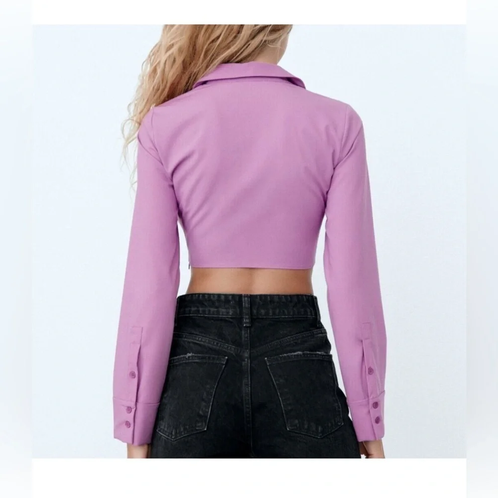 Zara Womens Lavender Lilac Collared Long Sleeve Ring Detail Crop Top Small NWT
